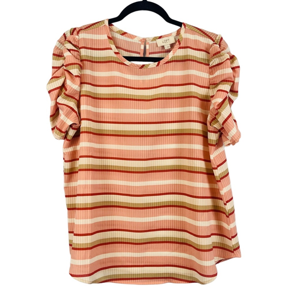 LOFT outlet pink striped puff sleeve blouse casual woman's size Large
